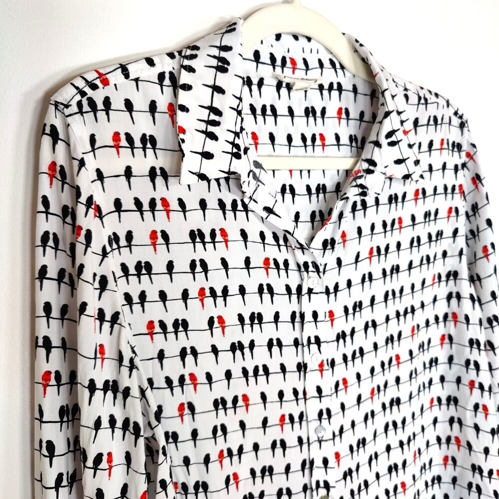 Jane and Delancey Bird Print Blouse White Red Black Medium Artsy French Girl